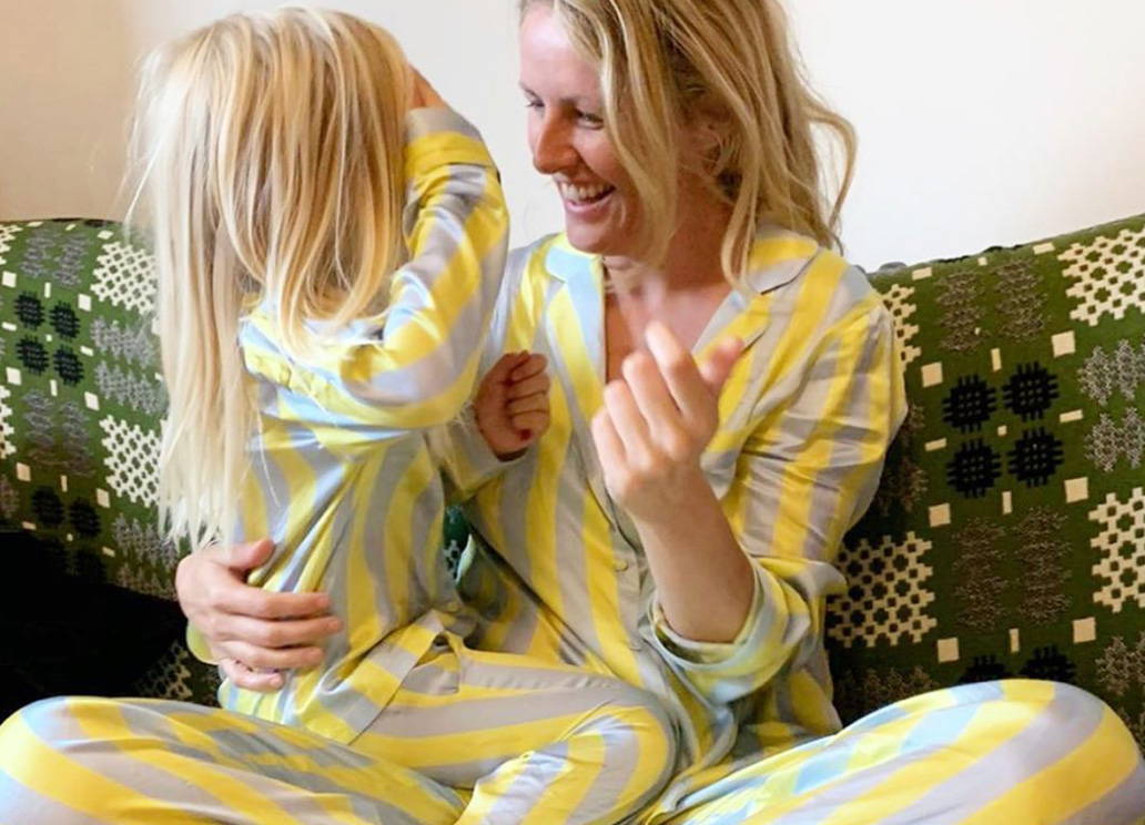 Laura Weirs matches with her daughter in YOLKE Citrine Stripe Silk Pyjamas 