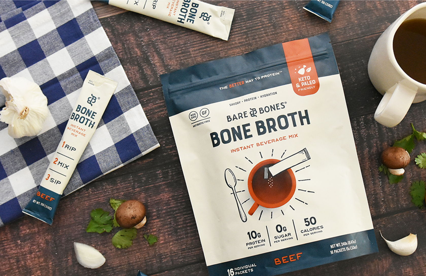 Bare Bones Bone Broth Instant Beverage Mix, Beef, Pack of 16