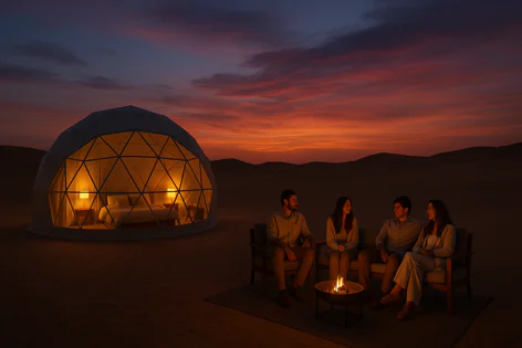 Four people relax around a fire pit in the desert outside a large, illuminated geodesic glamping tent as the sun sets with vibrant sky colors.