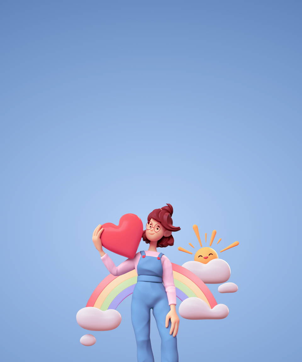 A person holding a big heart on their shoulders in front of a rainbow and a smiling sun for Confetti's Virtual Workplace Mental Health Workshop