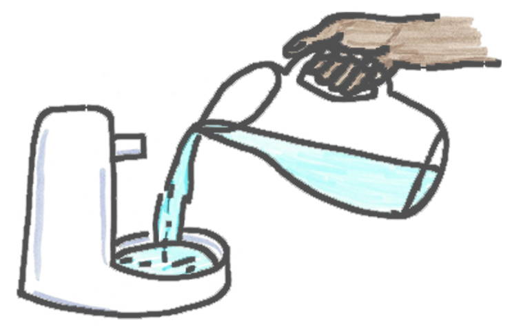 drawing cat fountain being filled by pitcher of water held by hand