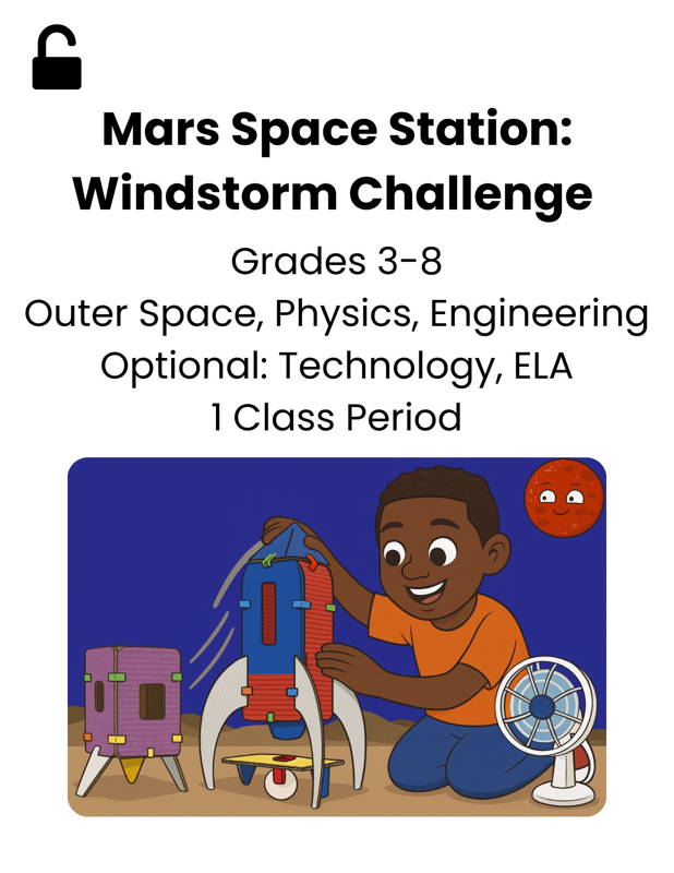 A student builds a Mars space station model using 3DuxDesign cardboard shapes and connectors while testing its stability with a small fan to simulate a windstorm. The scene includes a rocket-style structure, a habitat module, and a cartoon Mars in the background to highlight lessons in outer space physics and engineering for grades 3–8.