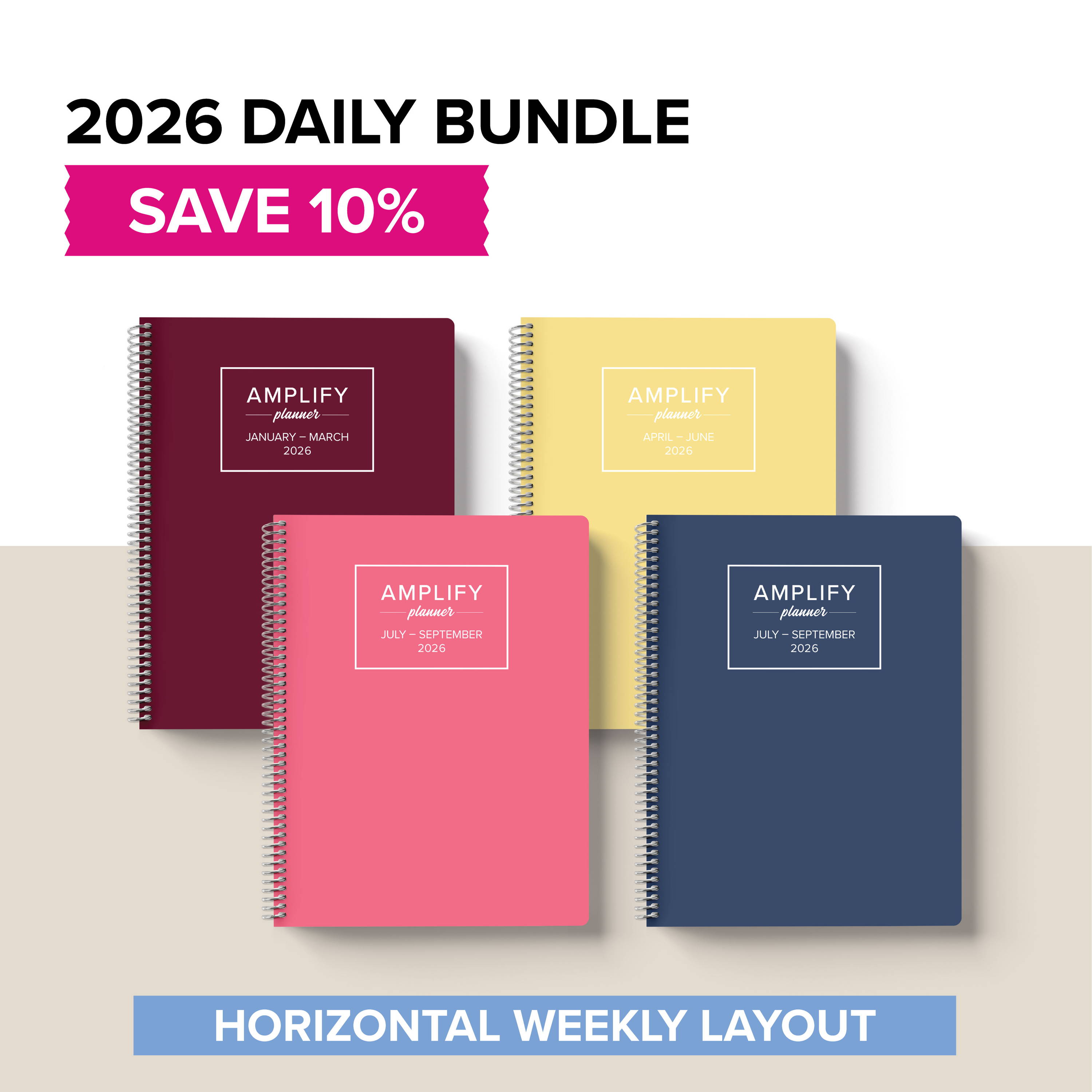 Image of four daily amplify planners bundle in the horizontal weekly layout 