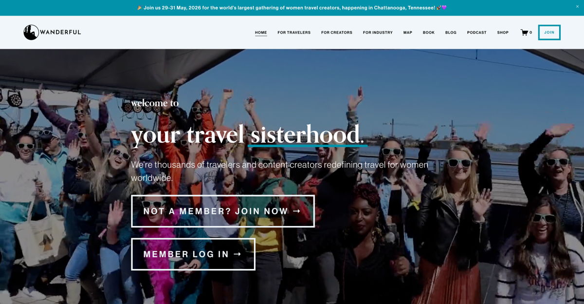Screenshot of Wanderful, from the squarespace membership websites collection.