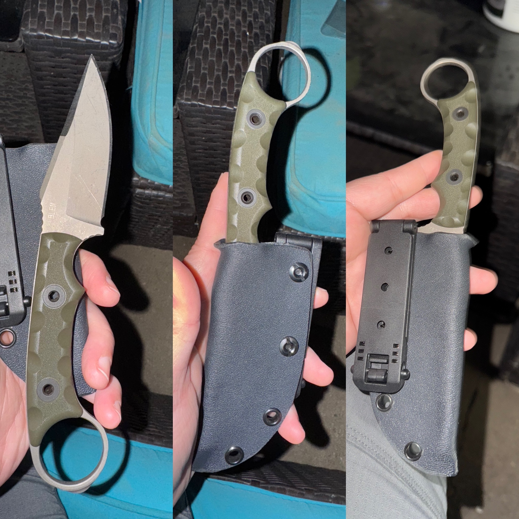 I got the Nightstalker, Nightstalker CQC, and two TQC blems. I made the sheaths for the nightstalkers and used the battlelock grip for my wife’s, and an extra grip I have for mine. For the TQC I modded the handle to fit my wife and I’s smaller hands, made the grips and sheaths – by Kim