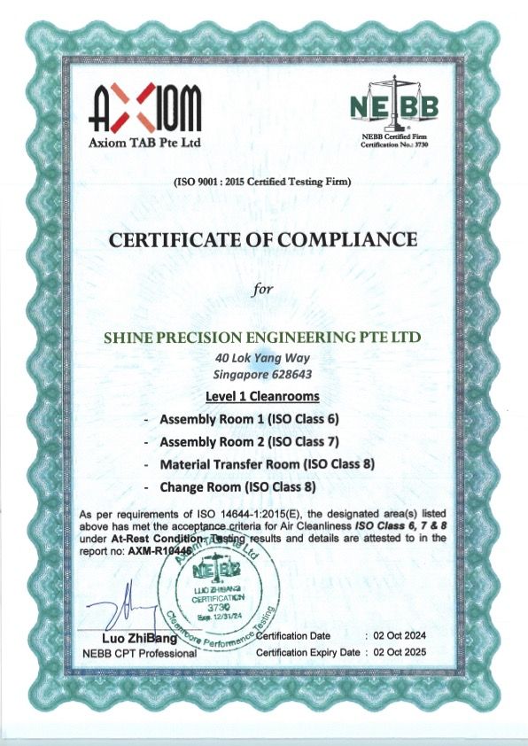 Shine Precision Clean Room Certificate