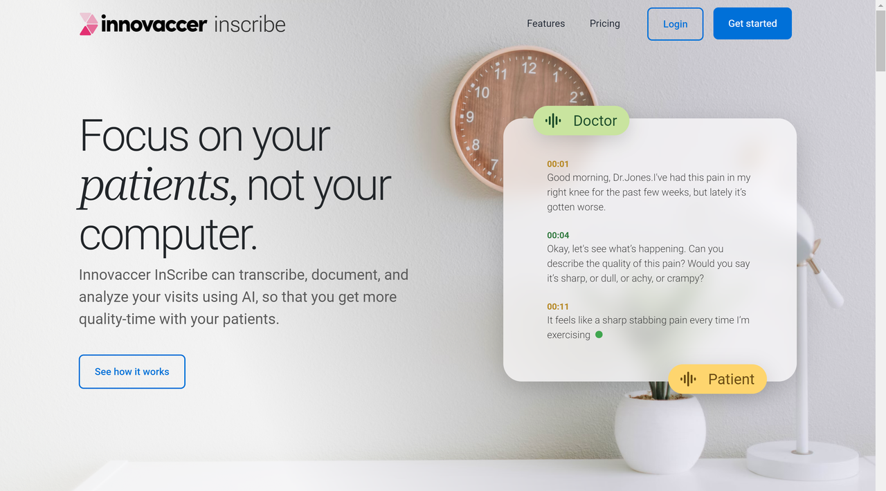 Screenshot of Inscribe's website landing page, an AI scribe