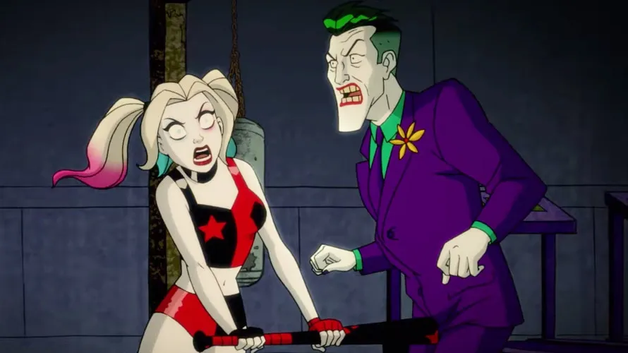 Harley angrily swiping with her bat at the Joker.