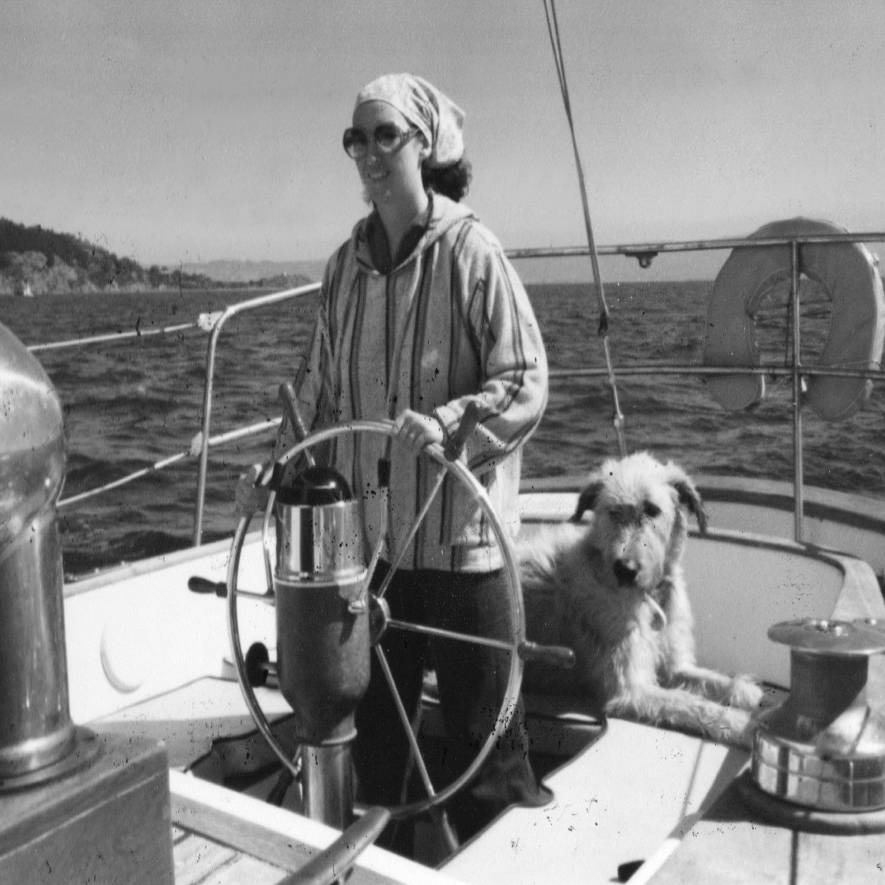 mom sailing in san francisco bay with Irish wolfhound