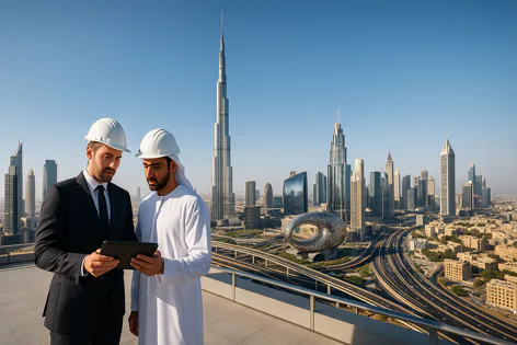 Two engineers wearing white hard hats on a rooftop are reviewing a tablet with the sprawling Dubai skyline and iconic Burj Khalifa and Museum of the Future visible behind them.