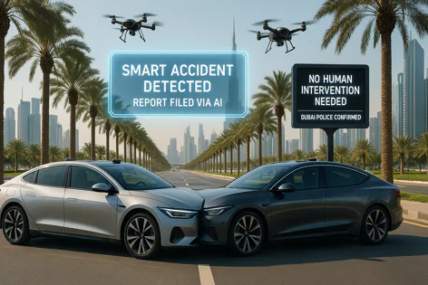 Car accident in Dubai detected by AI and drones. Digital signs announce automated reporting and no human intervention needed by police.