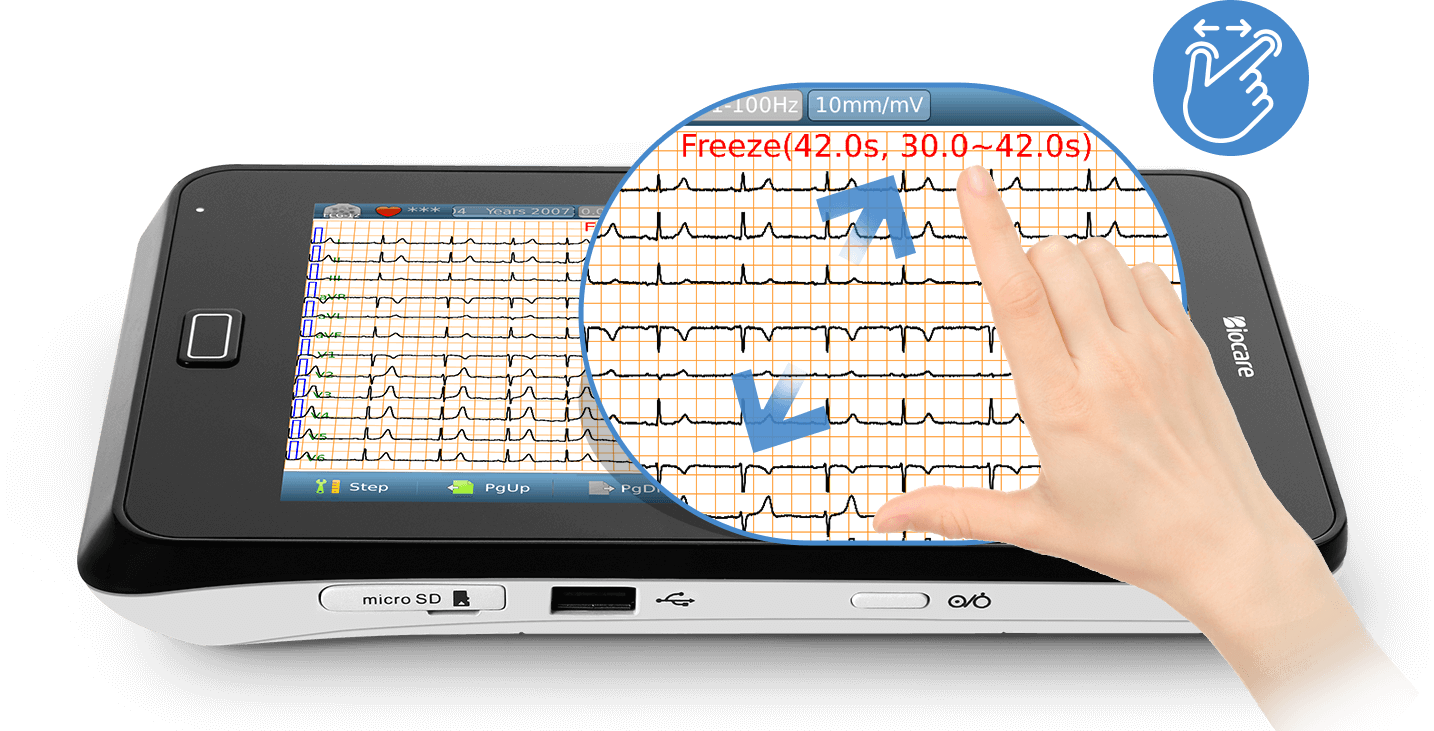 The portable ECG machine has zoom function in freeze mode.