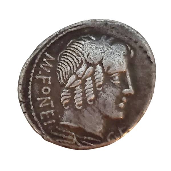 Ancient Roman Republic silver coin with an image of Apollo