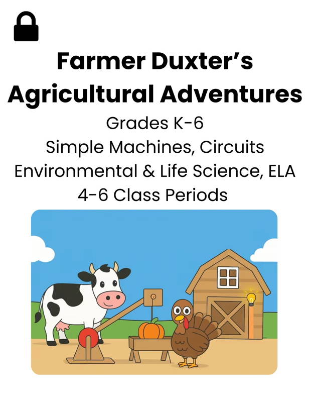 Image of a farm-themed STEM lesson featuring a cow, turkey, barn, and simple machines, representing 3DuxDesign’s agricultural project-based learning activity for elementary students. Designed to teach simple machines, circuits, environmental science, and early engineering skills through hands-on, real-world STEM education for grades K–6.