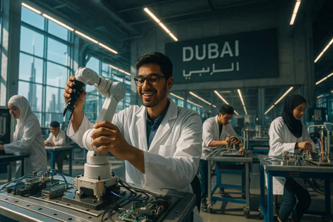 Smiling young man in lab coat working with a small robotic arm on a complex electronic setup in a modern Dubai laboratory. Other students work nearby.