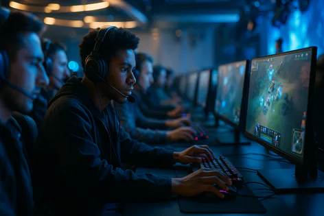 Young person wearing a gaming headset with a microphone, focused on playing a competitive video game on a computer.