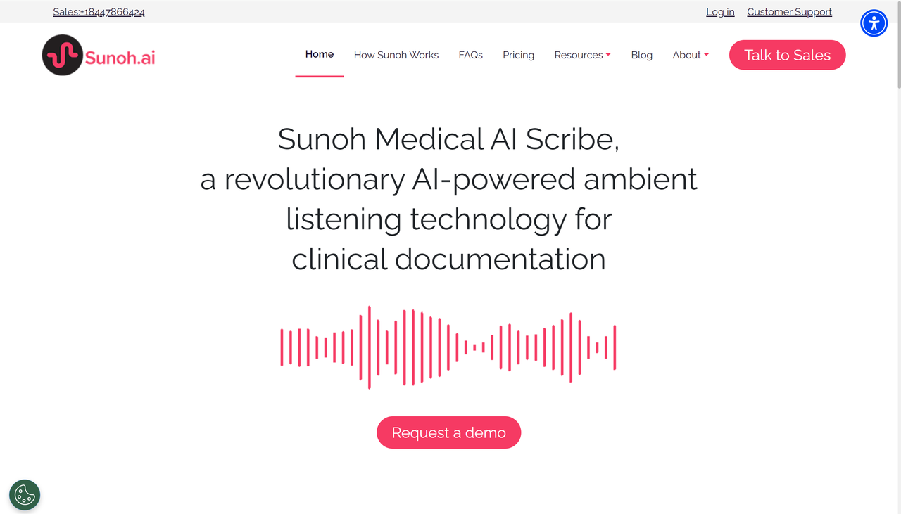 Screenshot of Sunoh's website landing page, an AI scribe