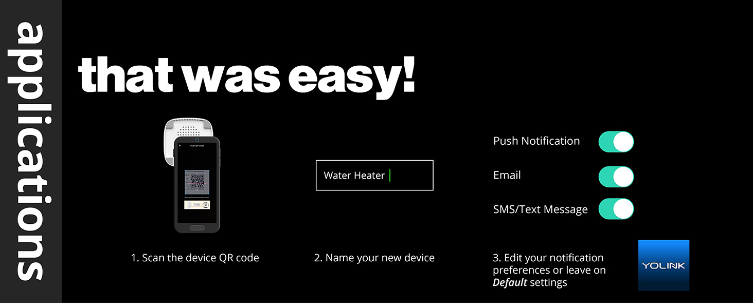 Easy installation steps of scanning device QR code, then naming new device, then editing notification preferences or leaving on default settings.