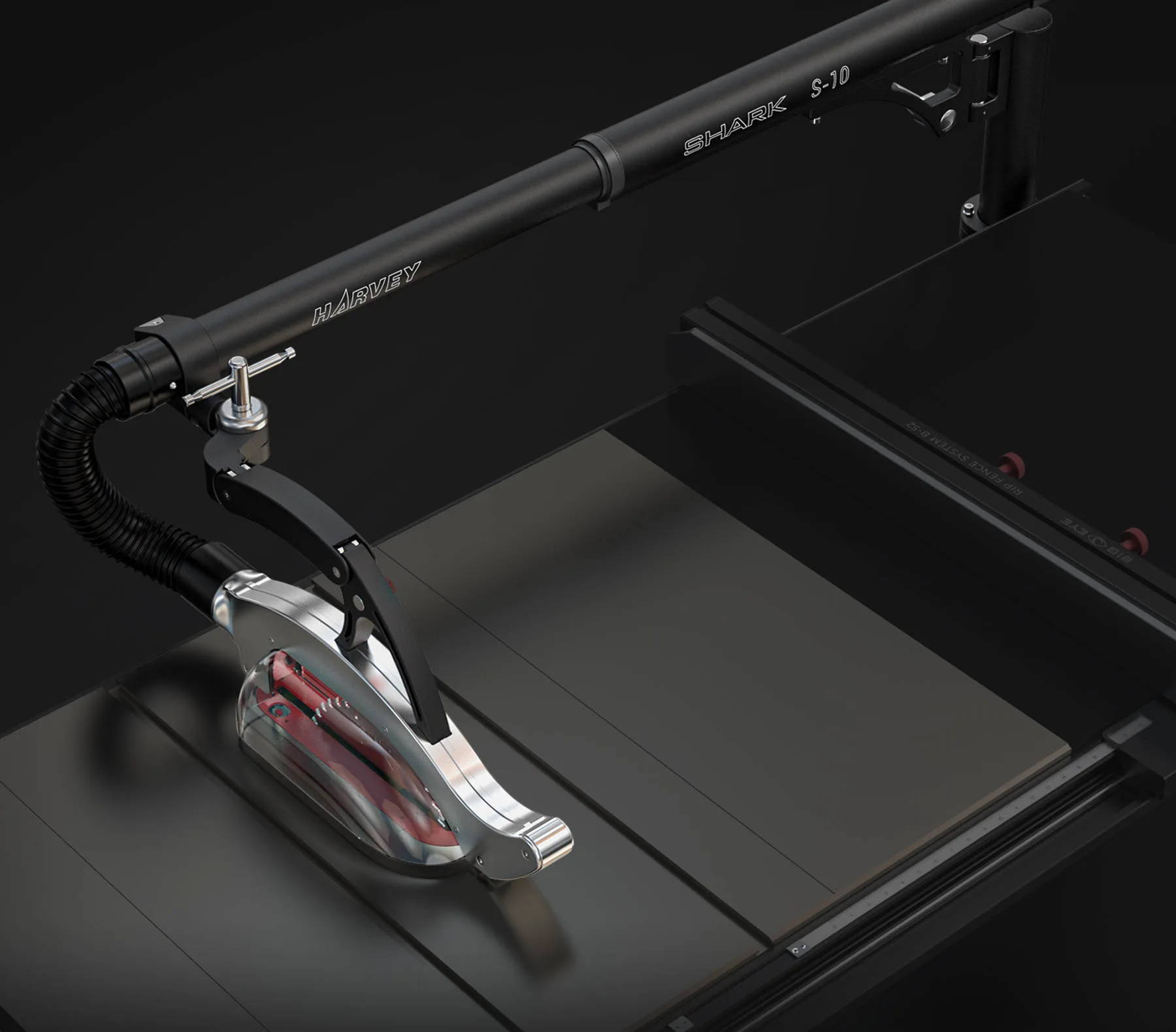 universal overhead guard table saw accessory Shark S10 on top of table saw