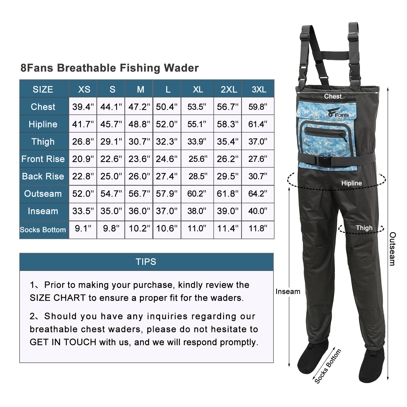 8 Fans Breathable Chest Wader for Men Stocking Foot 3-Ply 100% Durable and  Waterproof Insulated Chest Waders for Fishing