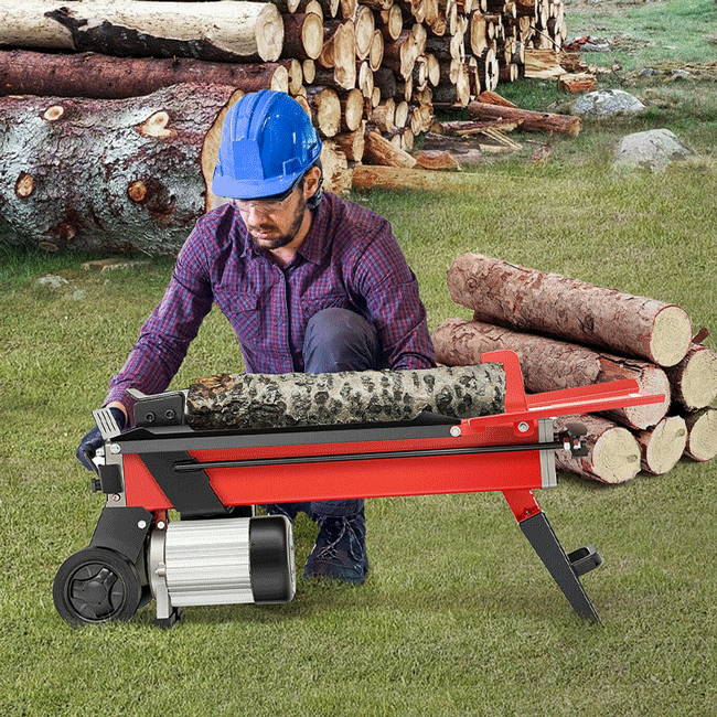 Electric Log Splitter, 7-Ton Hydraulic Horizontal Wood Splitter w/ 2000W Motor, Durable Transport Wheels and Control Lever Guard, Red