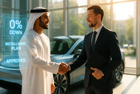 Man in traditional attire shakes hands with businessman in car dealership; digital text shows 0% Down, Installment Plan, Approved.