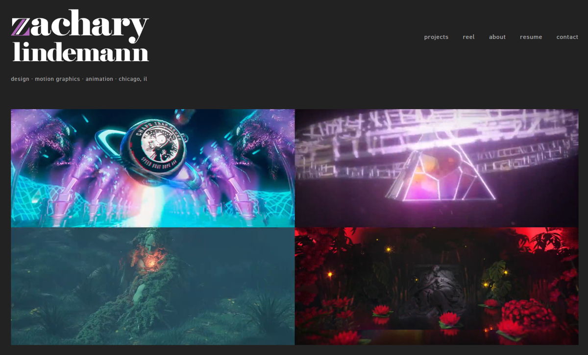 Screenshot of Zachary Lindemann, from the motion design portfolios collection.