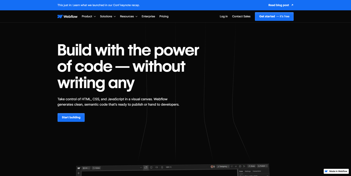 Screenshot of Webflow, from the saas websites collection.