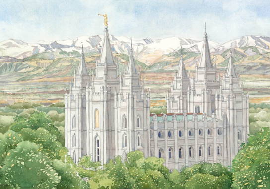 Detailed painting of the Salt Lake Temple rising above the trees.
