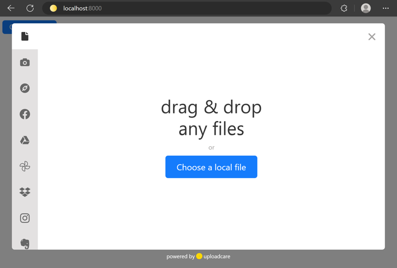 Browser window with modal popup of Uploadcare widget and its button behind the popup