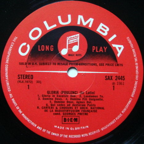 UK COLUMBIA SAX SEMI-CIRCLE / PRETRE, - Poulenc Gloria,...