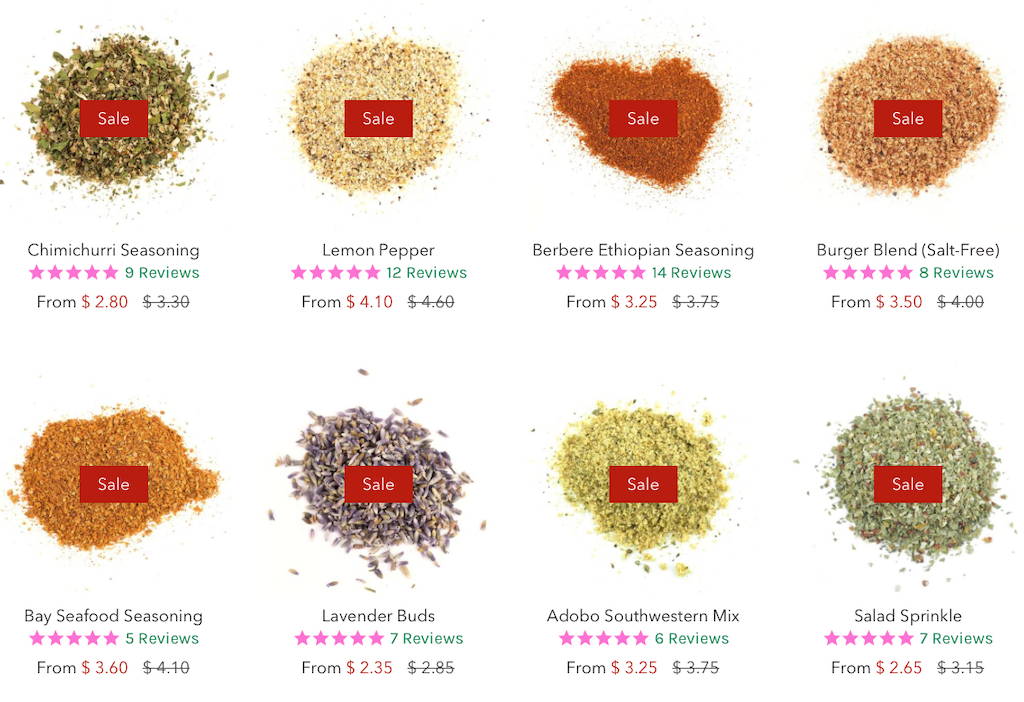 Eight different spices, presented how they would be on a website, showing sale of each of the eight