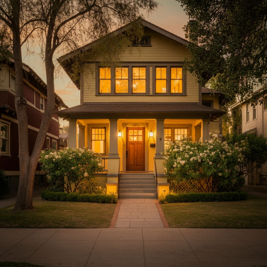 A photographic style image of A beautifully restored craftsman home's exterior at golden hour, highlighting the architectural details that make Lafayette properties unique. high focus, sharp, lots of bright light, extra bright, highly detailed, high quality, dslr, film grain, fujifilm XT3, RAW photo, RAW candid cinema, color graded porta 400, depth of field, hyper realistic, natural-looking, expressive, textured skin, texture, 8k, photorealistic
