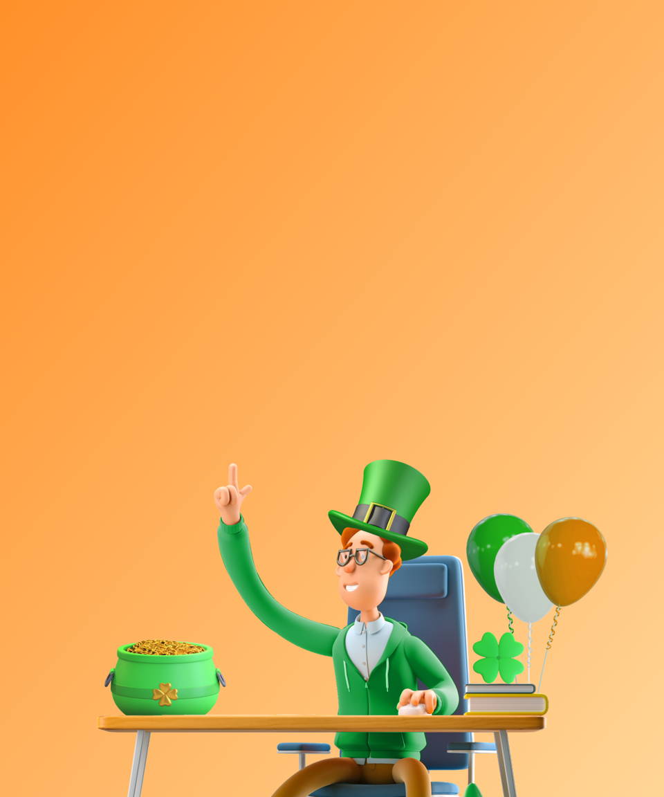 A 3d cartoon employee wearing a green top hat sitting at their desk next to a pot of gold for Confetti's Virtual St. Patrick's Day Trivia