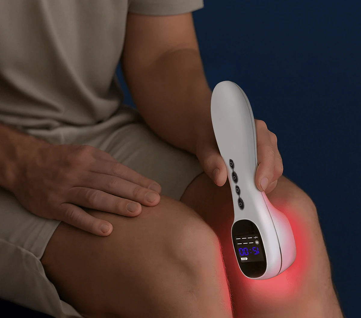 Person using a Wellue laser pain relief device on the knee at home