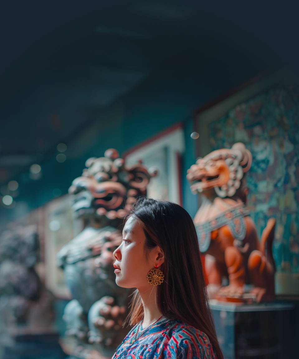 Woman in an art museum with Asian sculptures and paintings (small)