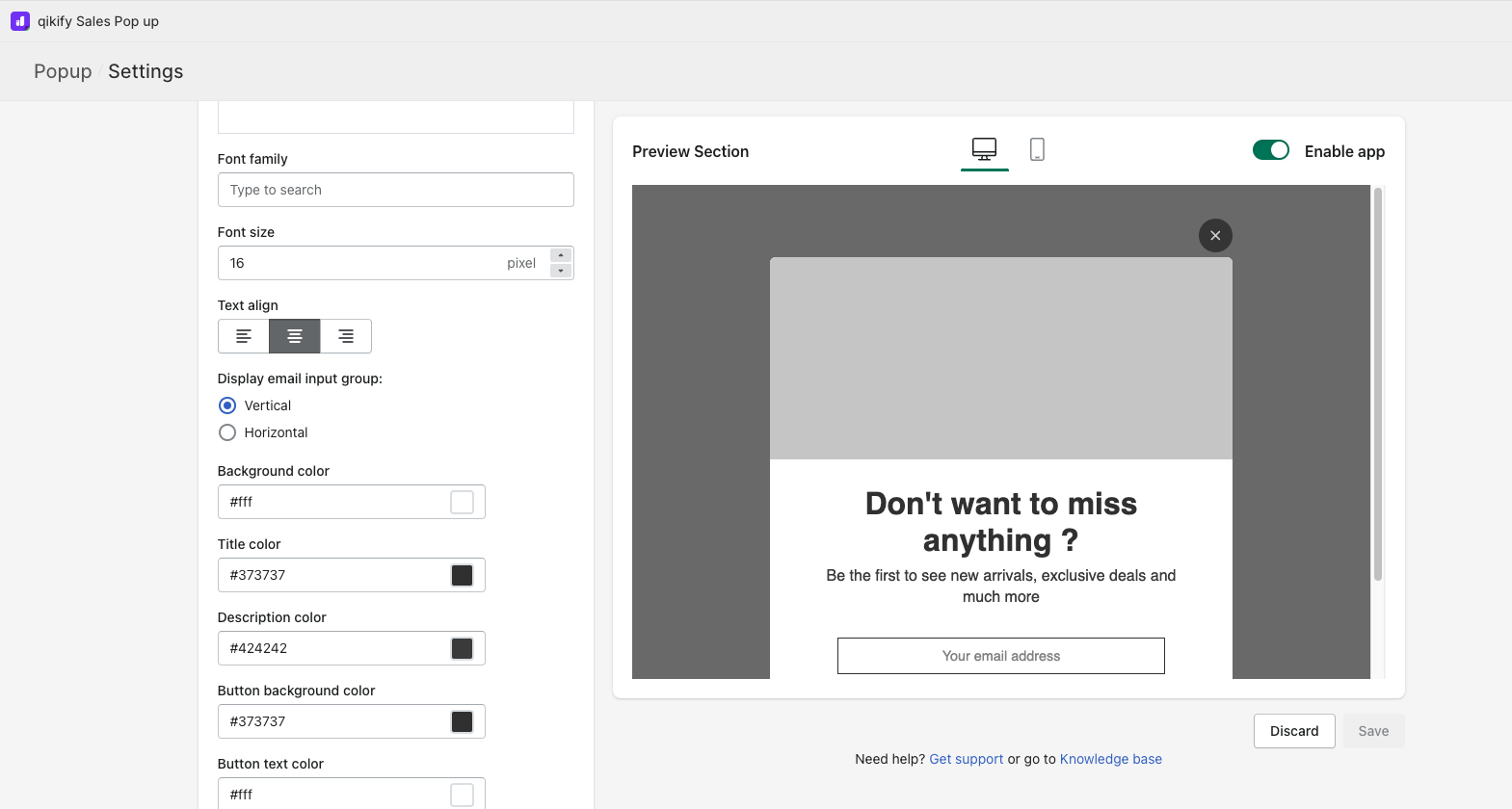 Settings for the Shopify popup