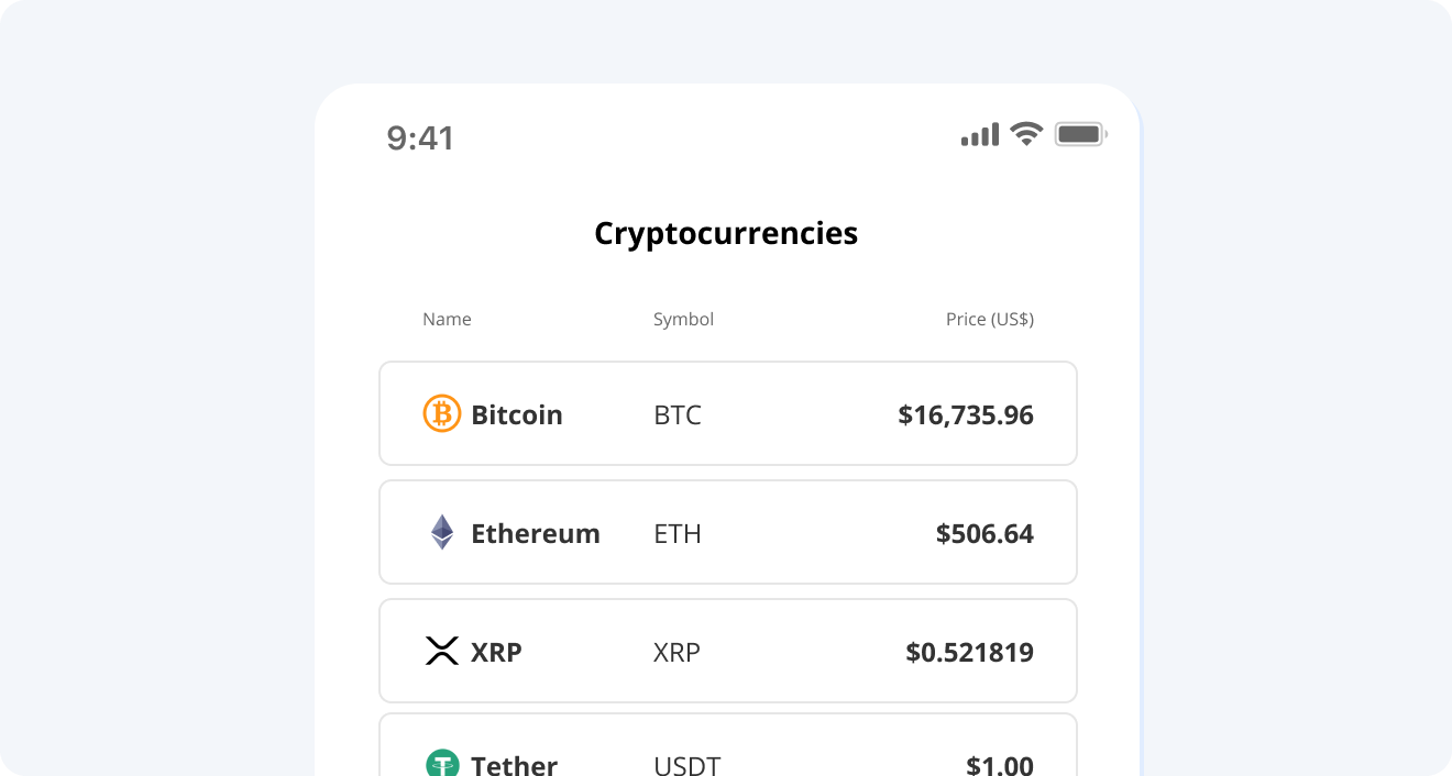 Cryptocurrency price listing mobile app project demo