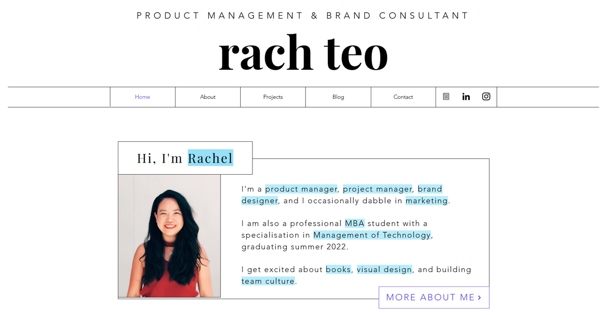 Screenshot of Rachel Teo, from the product manager portfolios collection.