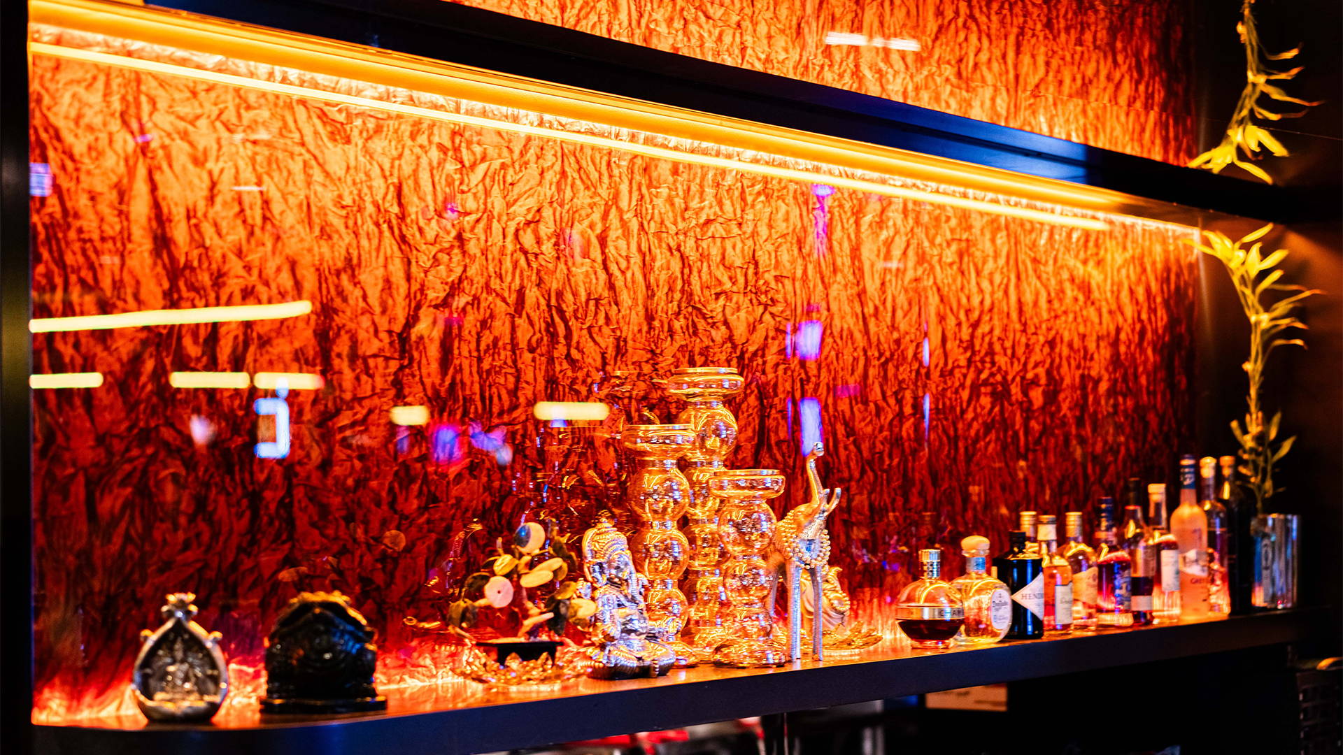 Bar Back Side wall illuminated with Havit Commercial LED Strip Lighting, decorated with what seems to be small good luck or religious figurines and sculptures