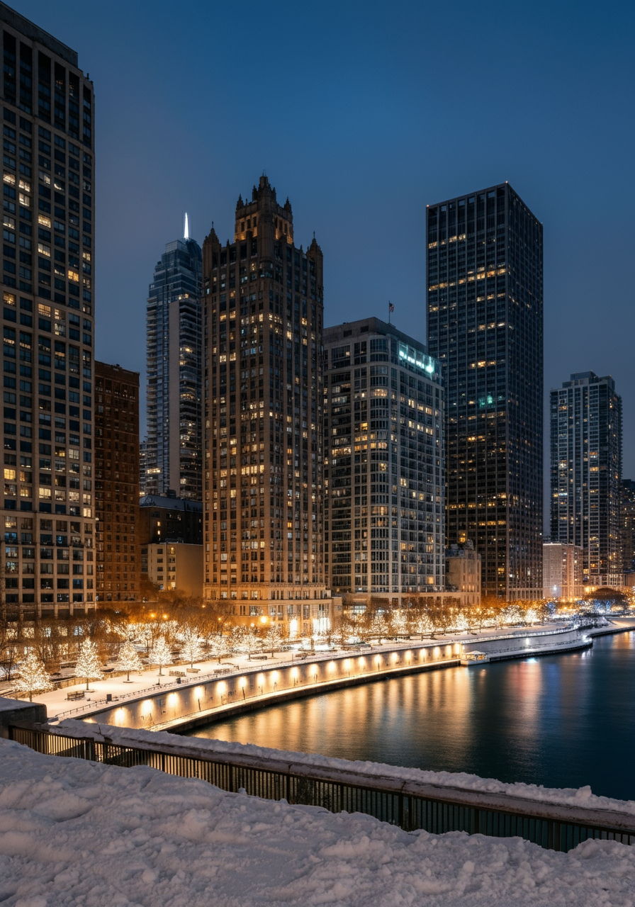 Streeterville waterfront in winter with snow-dusted rooftops and holiday lights reflecting on Lake Michigan. The serene atmosphere showcases how luxury properties maintain their distinctive appeal during the less competitive winter market when serious buyers continue their search.