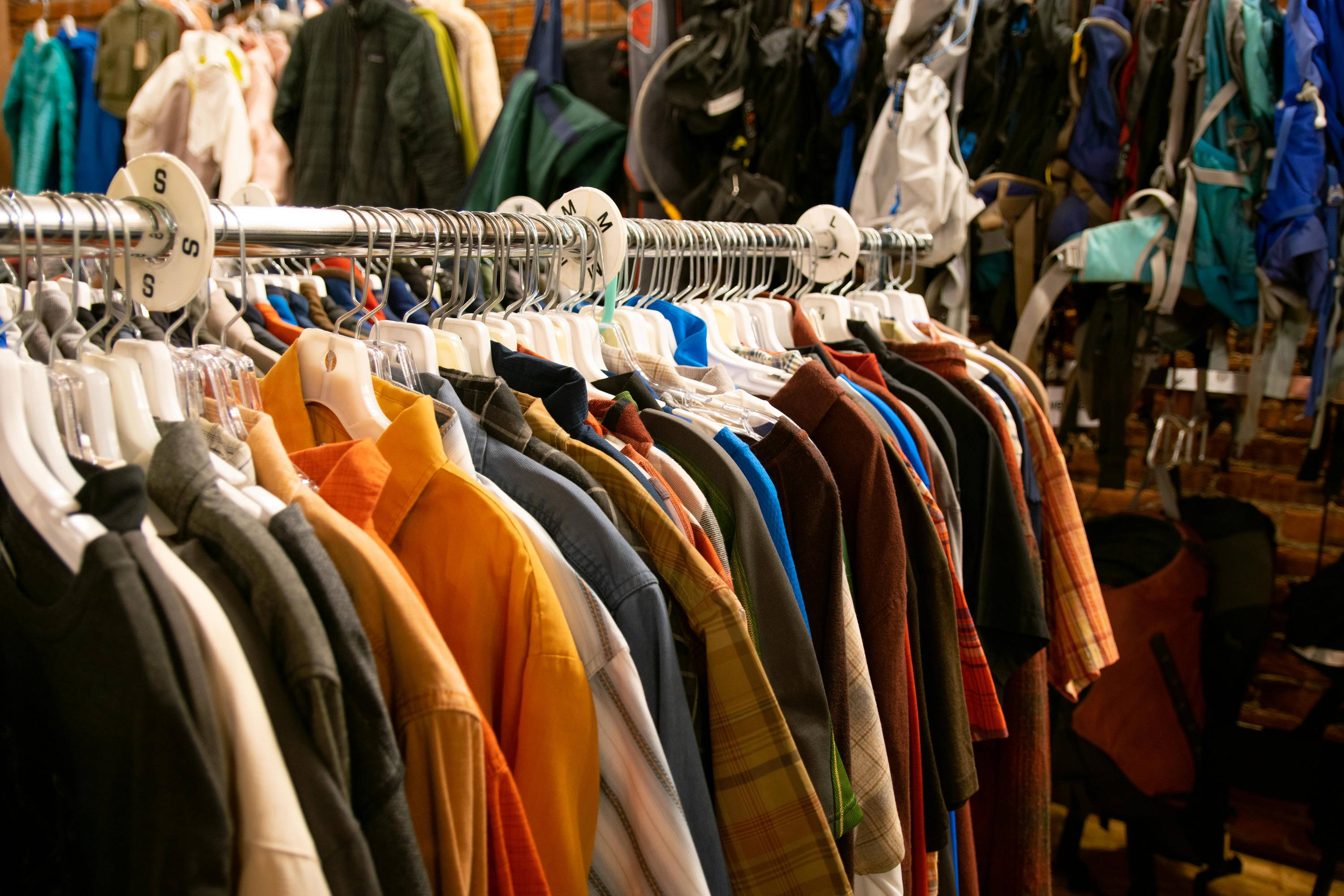 A selection of used clothing that we sell.