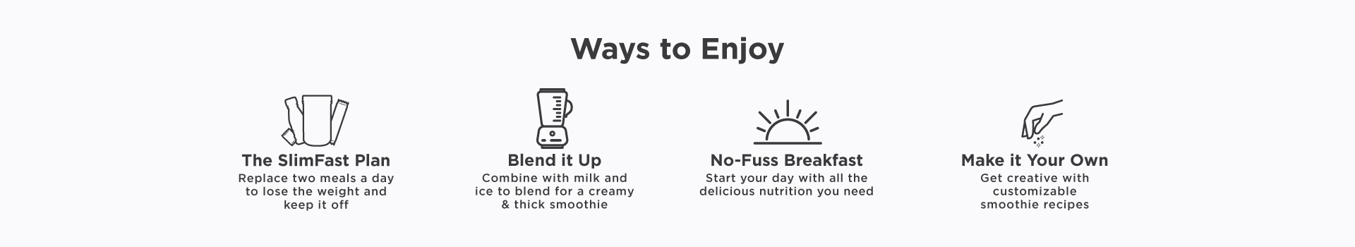 Ways to enjoy Original Shake Mix: Use them on the SlimFast plan, take them on the go, have a no-fuss breakfast, or make it your own