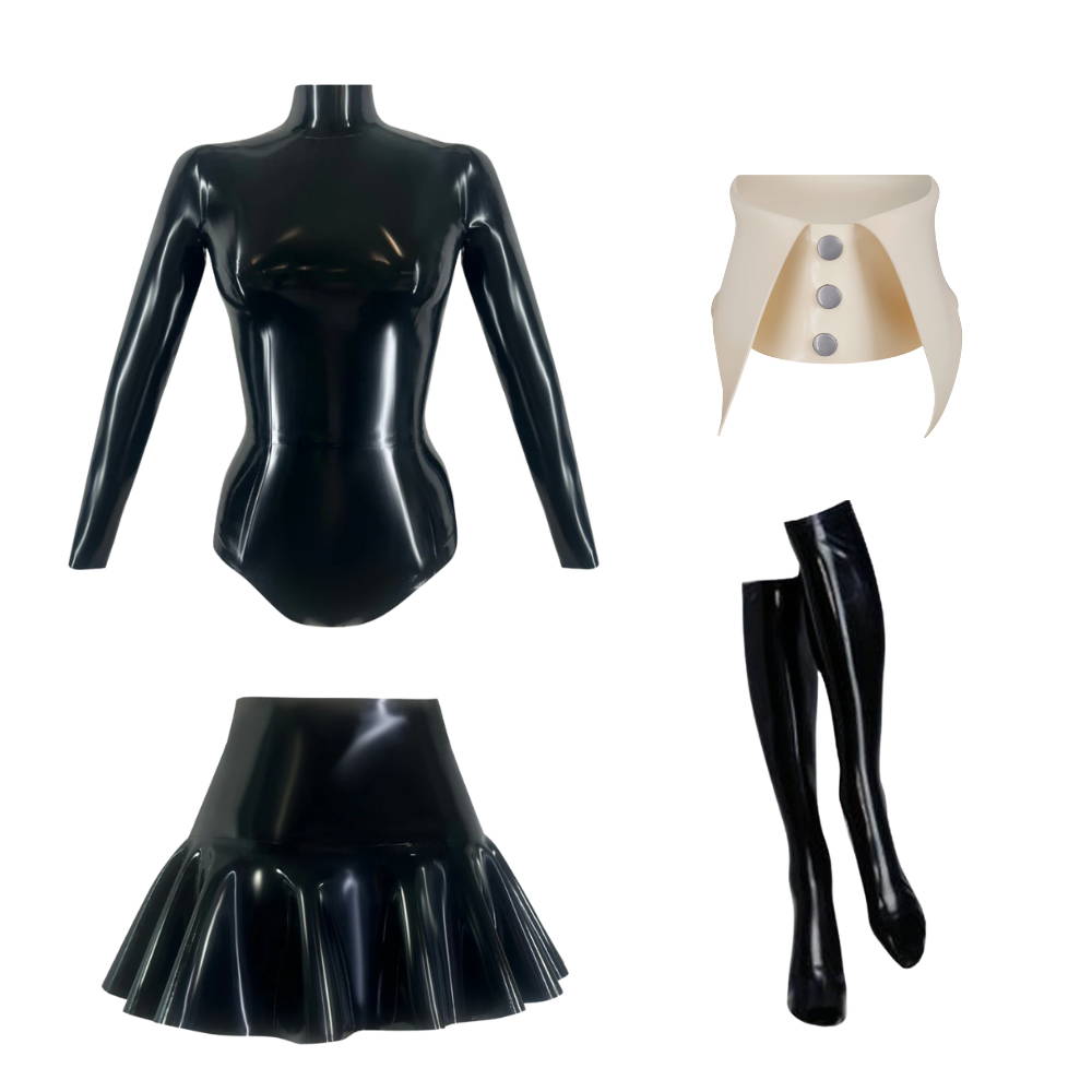 Black latex long-sleeve bodysuit with matching mini skirt and thigh-high stockings by Vex Clothing.