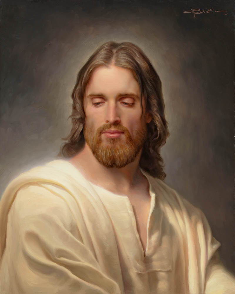 Classic style painting of Jesus. He has a broad statue and a solemn expression.