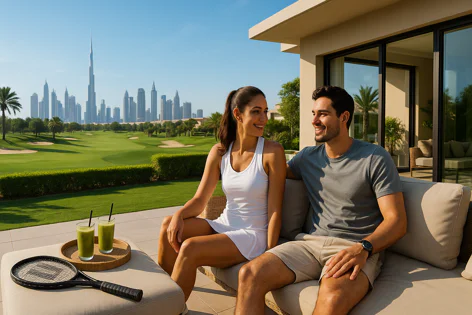A couple smiles while relaxing on an outdoor patio sofa, overlooking a green golf course and the iconic Dubai skyline with the Burj Khalifa.