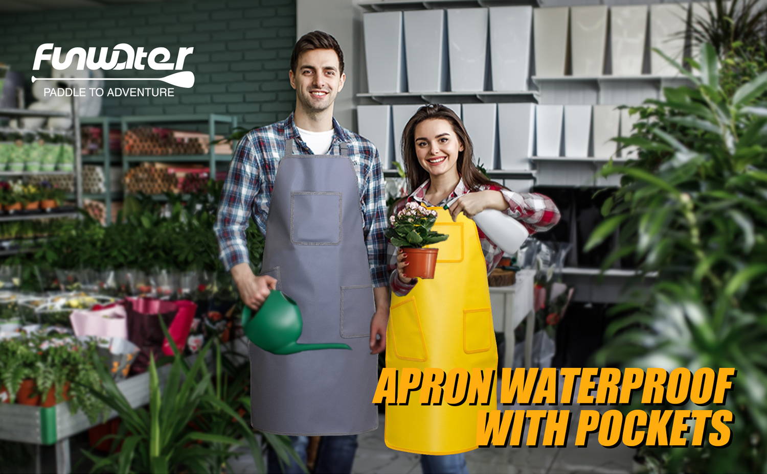 Standing in the garden are a man wearing a gray Funwater apron for men and a woman wearing a yellow apron for women.