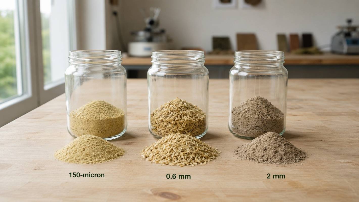Comparison of 2 mm 0.6 mm and 150 micron hemp hurd particle sizes