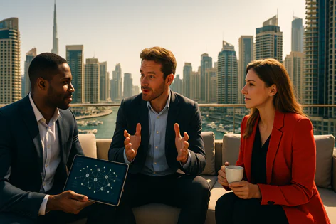 Three business professionals having a meeting on a rooftop balcony overlooking a modern city skyline, reviewing data on a tablet.