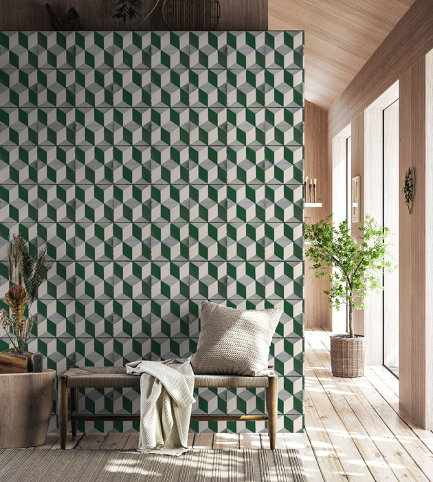 Green & White Portuguese Tile Wallpaper hero image
